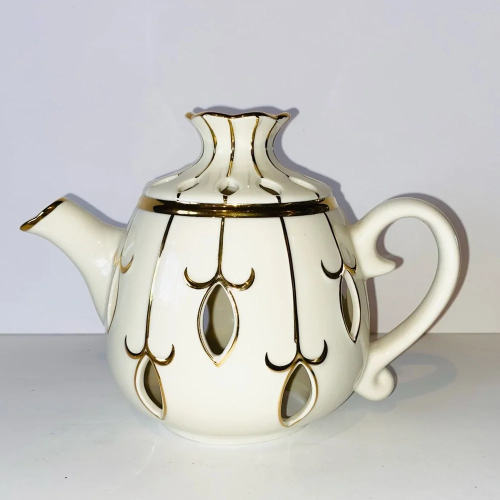 Partylite Tea for Two 5pc Votive Candle Holders Teapot Cups Saucers Ivory & Gold - Picture 3 of 15